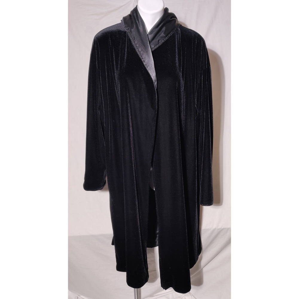 ALEX EVENINGS Black Velvet Open Front Car Coat Long Robe Duster Jacket with Hood